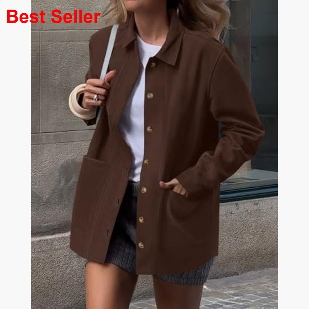 Faux Suede Jacket Long Sleeve Button Down Relaxed Fit Trench Coat - Picture 2 of 7